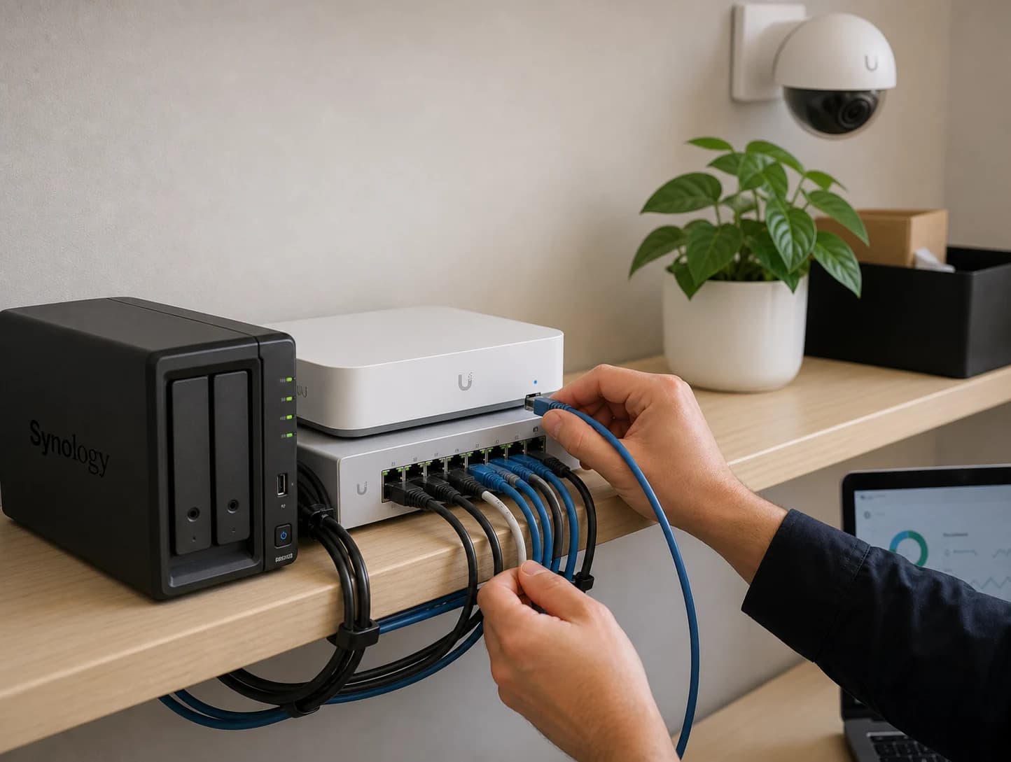 A technician connecting UniFi networking beside Synology storage and a security camera