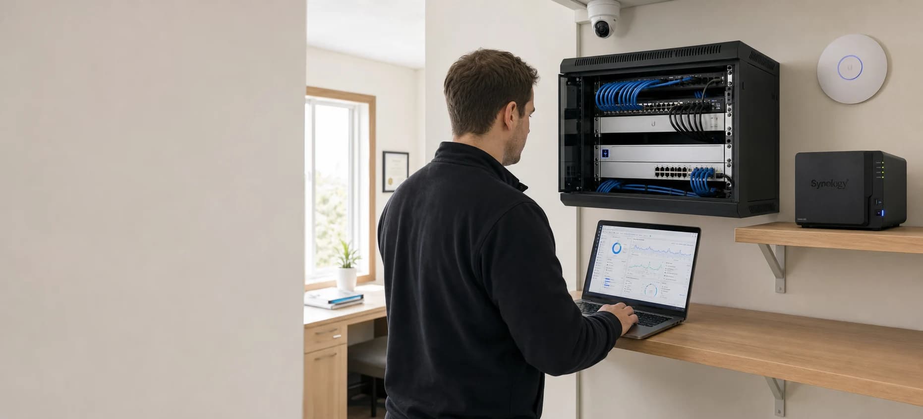 A technician reviewing a UniFi network, Synology storage, and office security equipment