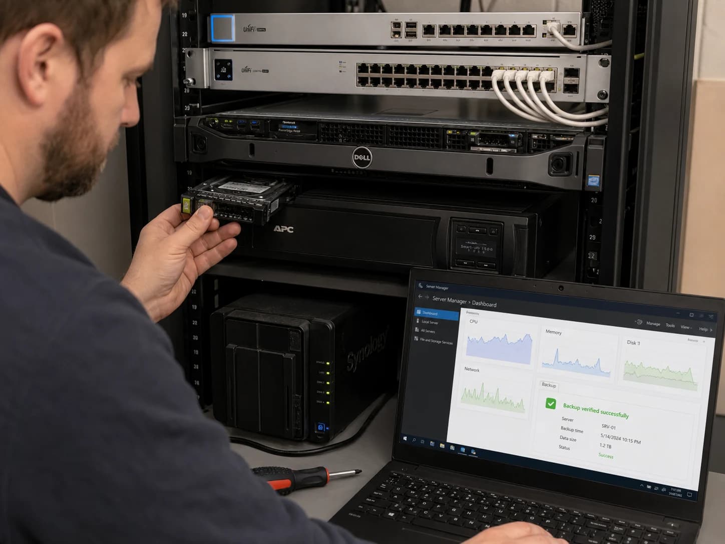 A technician checking a Dell server, APC power protection, and verified backups