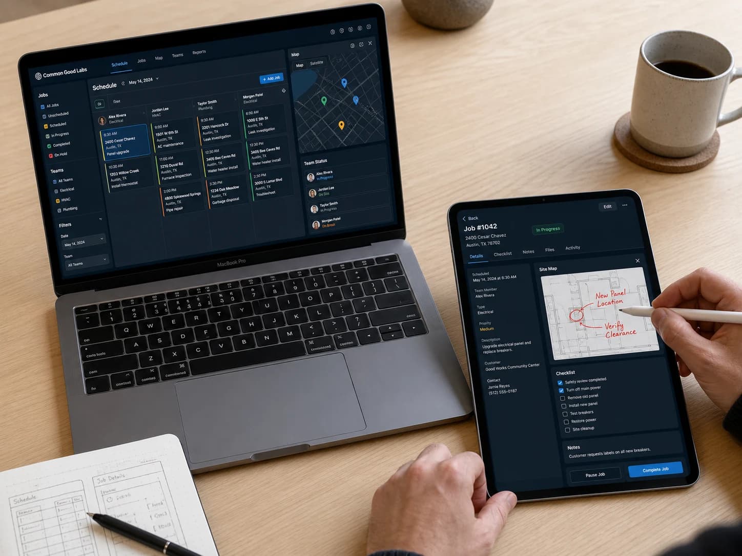 A custom field-service application being tested across a MacBook and iPad
