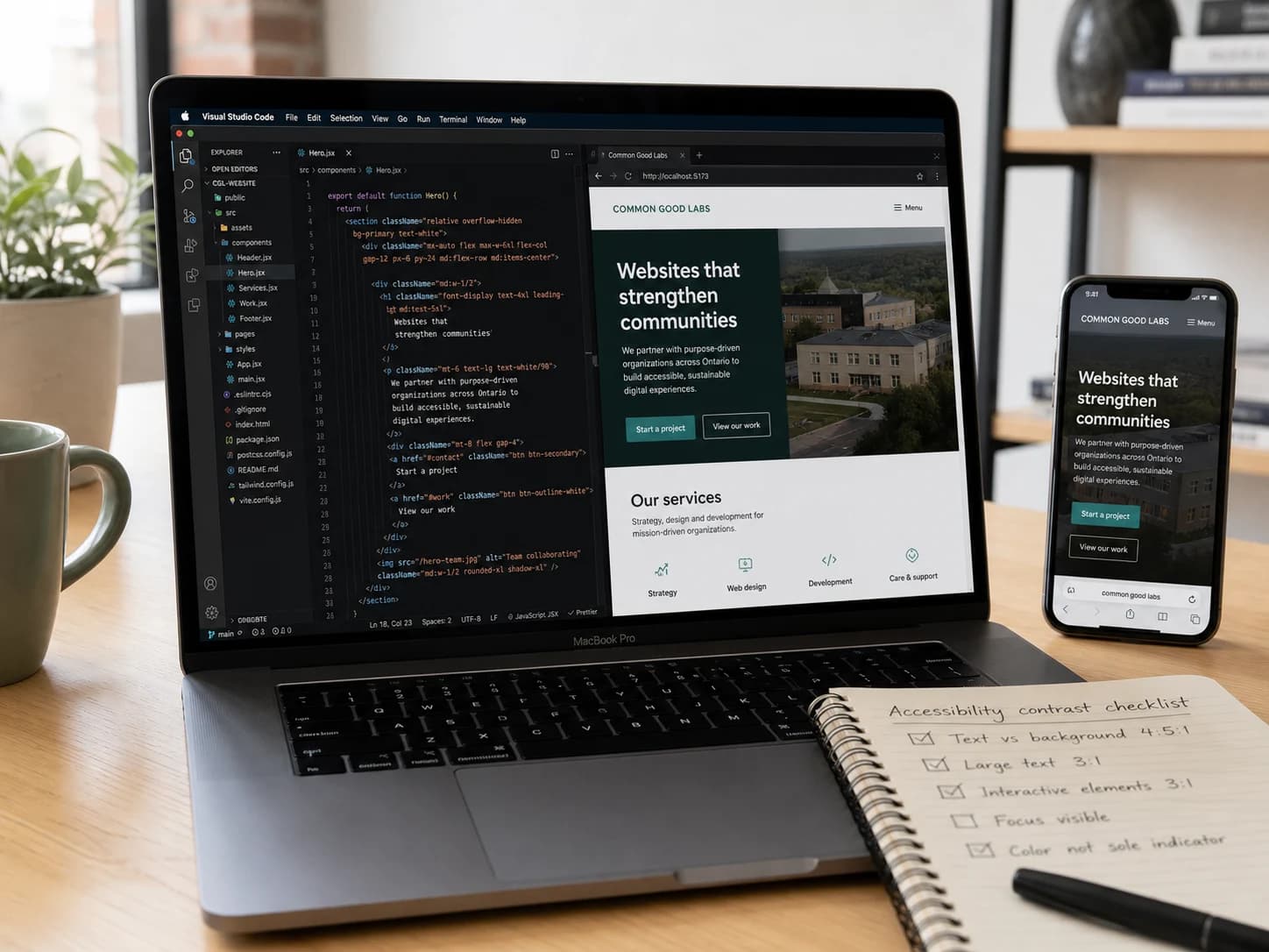 A responsive website being built and tested on a MacBook and iPhone