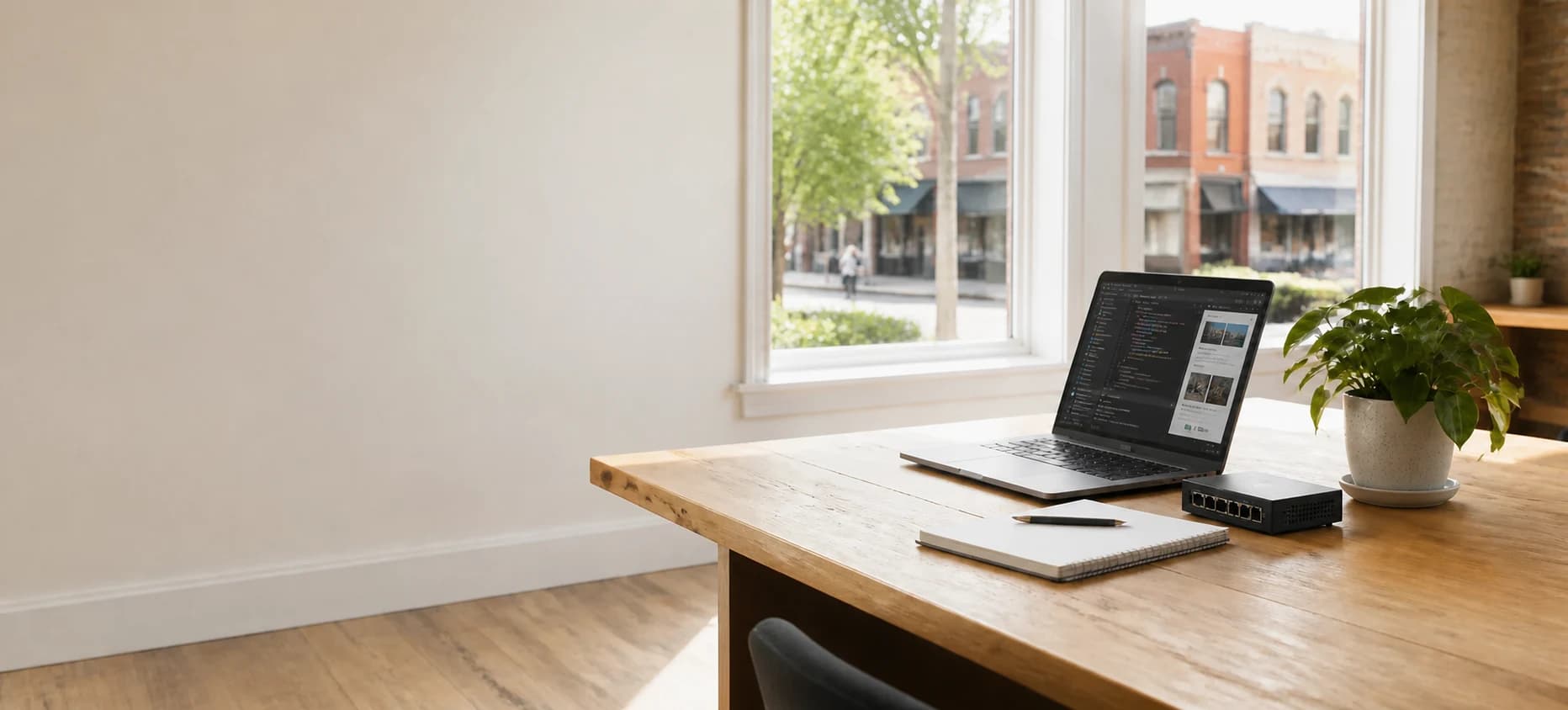 A calm studio workspace overlooking a small Ontario main street